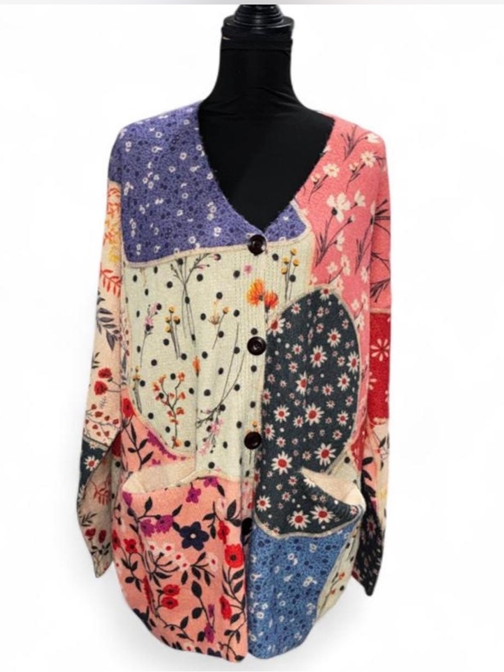 Floral Patchwork Button-Front Women's Sweater - Pink Multi